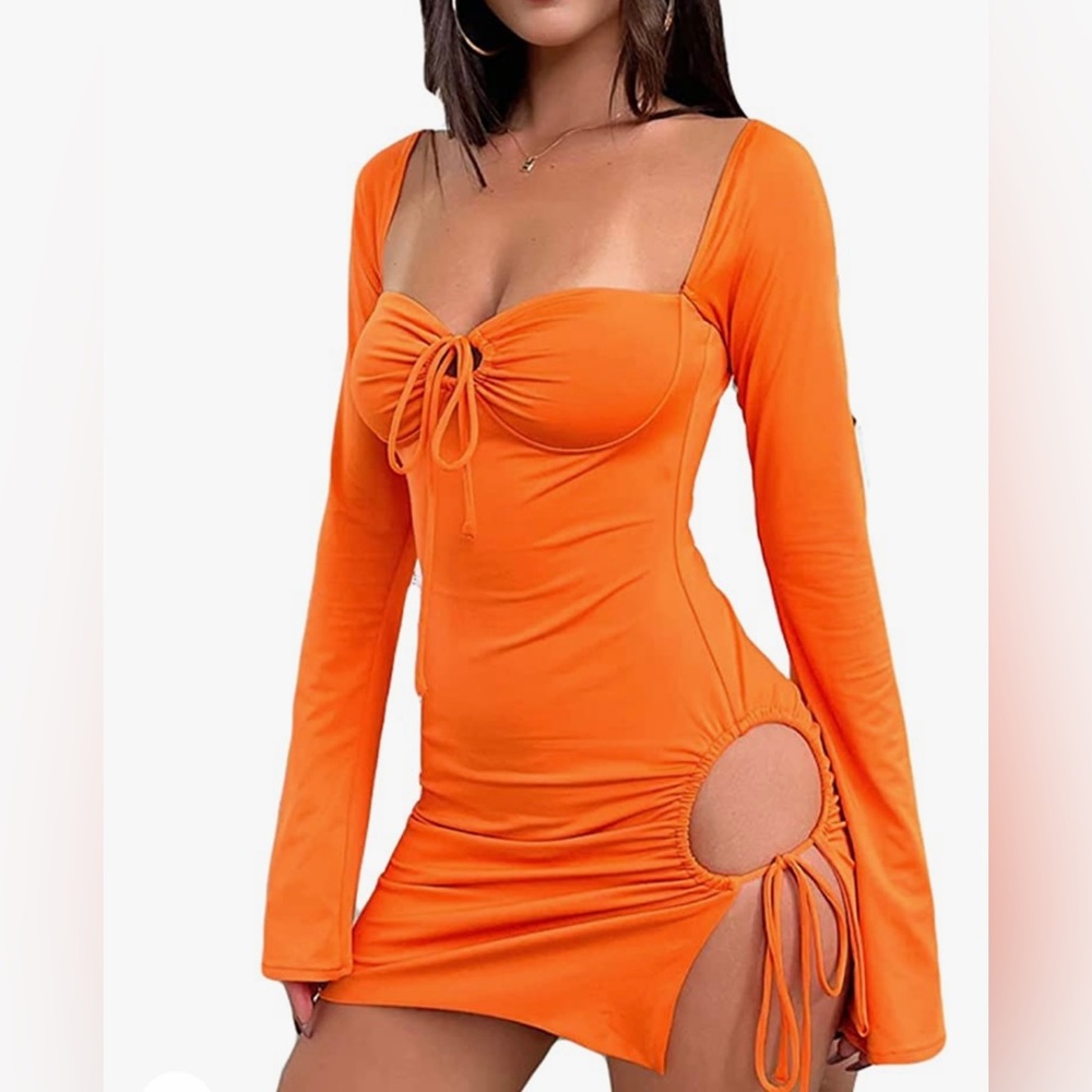 Bodycon Dress Solid Cutout Mini Dress Y2K Long Sleeve Party Club Cocktail Dress